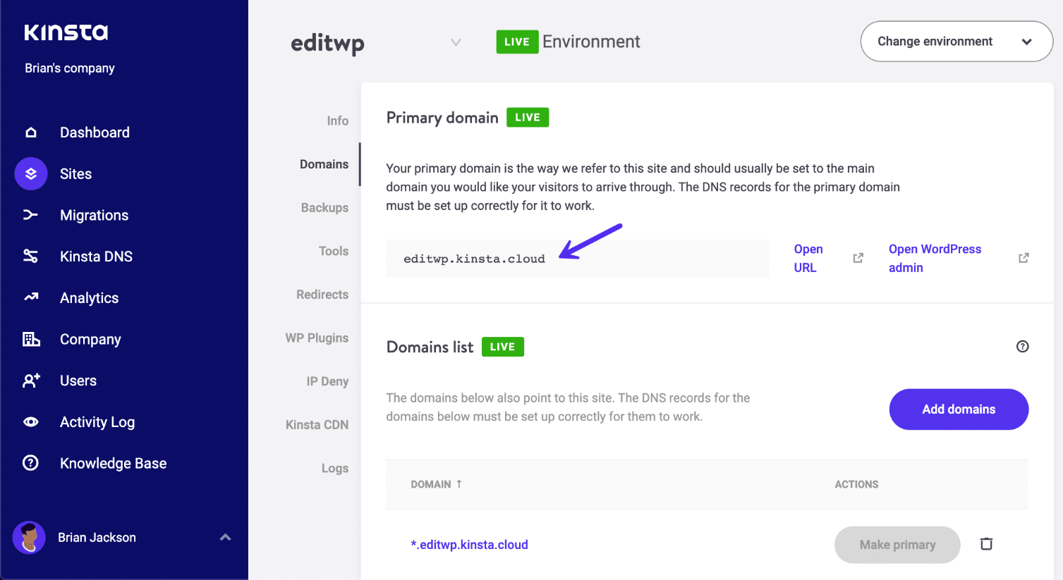 Kinsta URL temporário